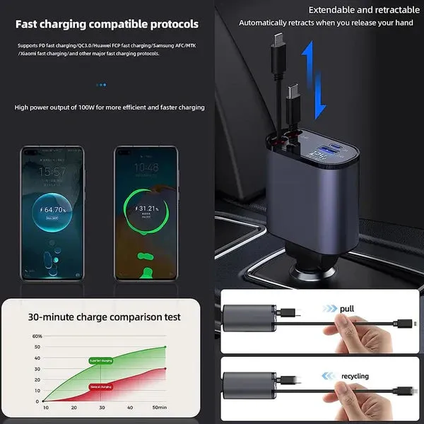 New 2025 Stock, 4 in 1 Retractable Car Fast Mobile Charger Type C Fast samsung charger iphone charger