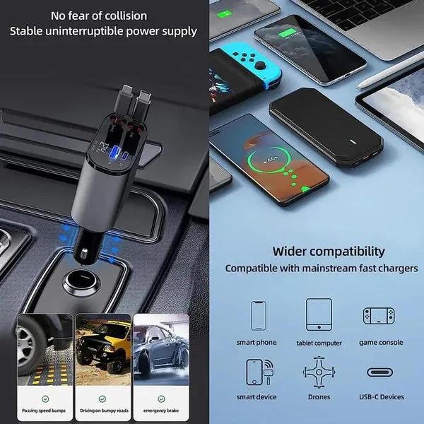 New 2025 Stock, 4 in 1 Retractable Car Fast Mobile Charger Type C Fast samsung charger iphone charger