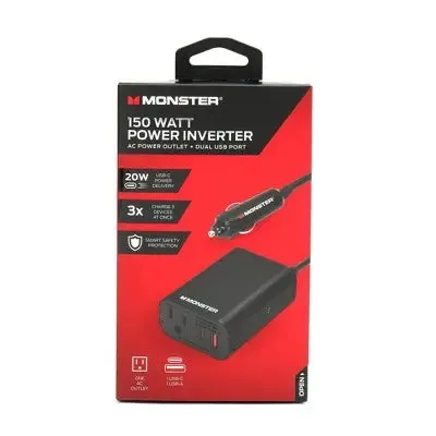 New - Monster 150Watt Power Inverter with Dual Port USB 20W USB-C, QC 3.0 USB-A