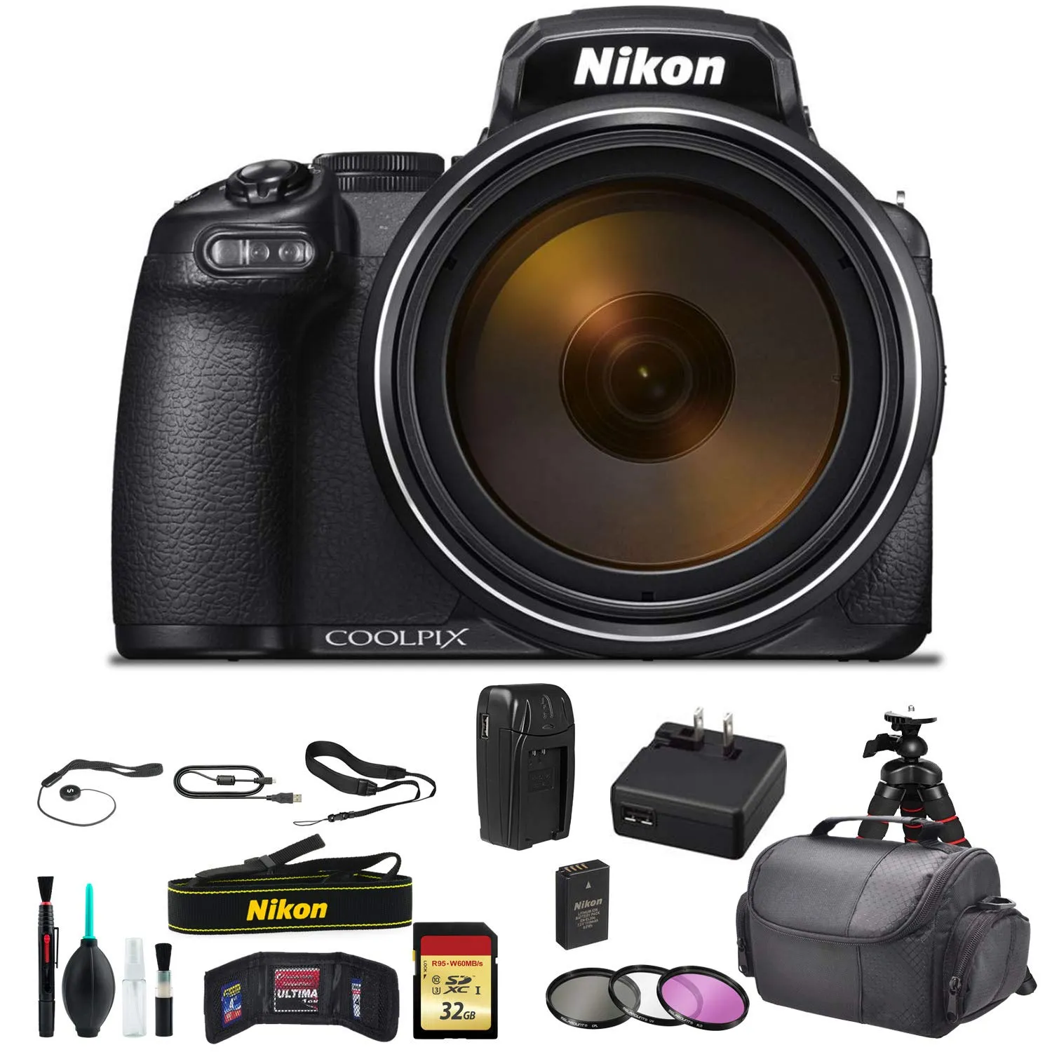 Nikon COOLPIX P1000 16.7 Digital Camera with 3.2" LCD, Black - Bundle Kit with 32GB Memory Card   Spare Battery   Spare Charger   Filter Kit  More