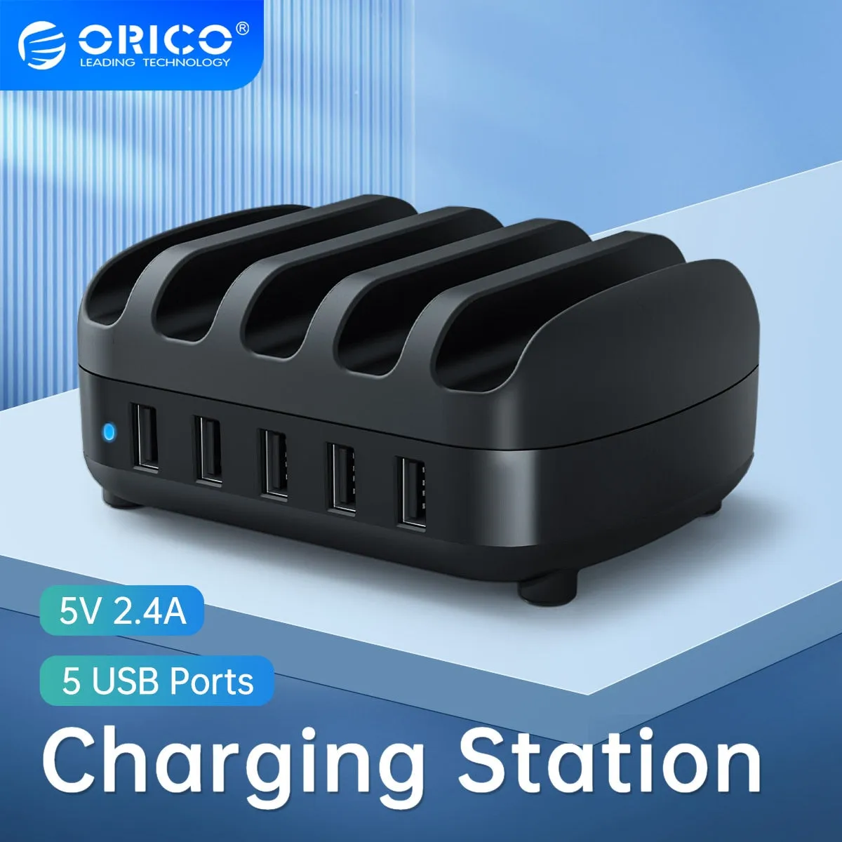 ORICO 5 Ports USB Charging Station Dock with Holder 40W 5V2.4A USB Charging Free USB Cable for iPhone PC Tablet