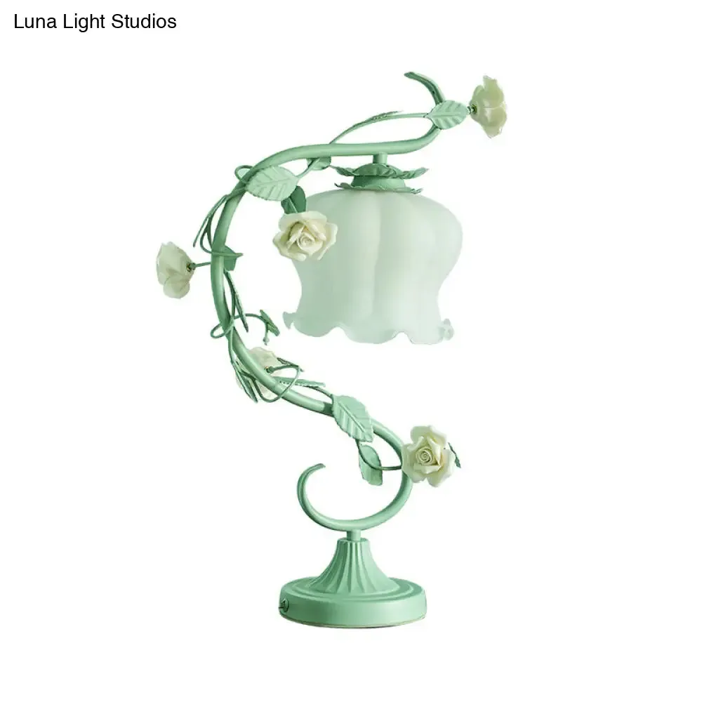 Pastoral Rose Ceramic Lamp w/ Cream Glass Shade - Elegant Living Room Table Light