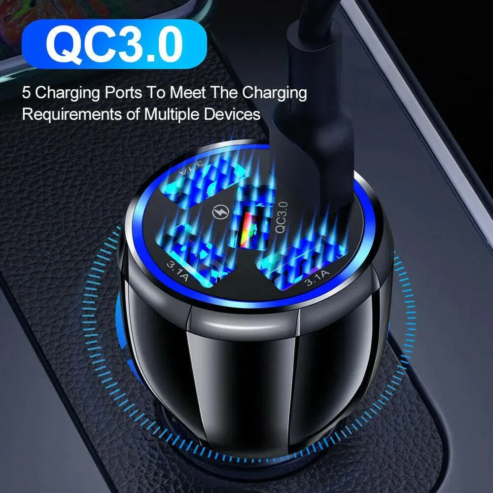 PBG 5 Port USB Fast Car Charger with LED Display Charge 5 Devices at once