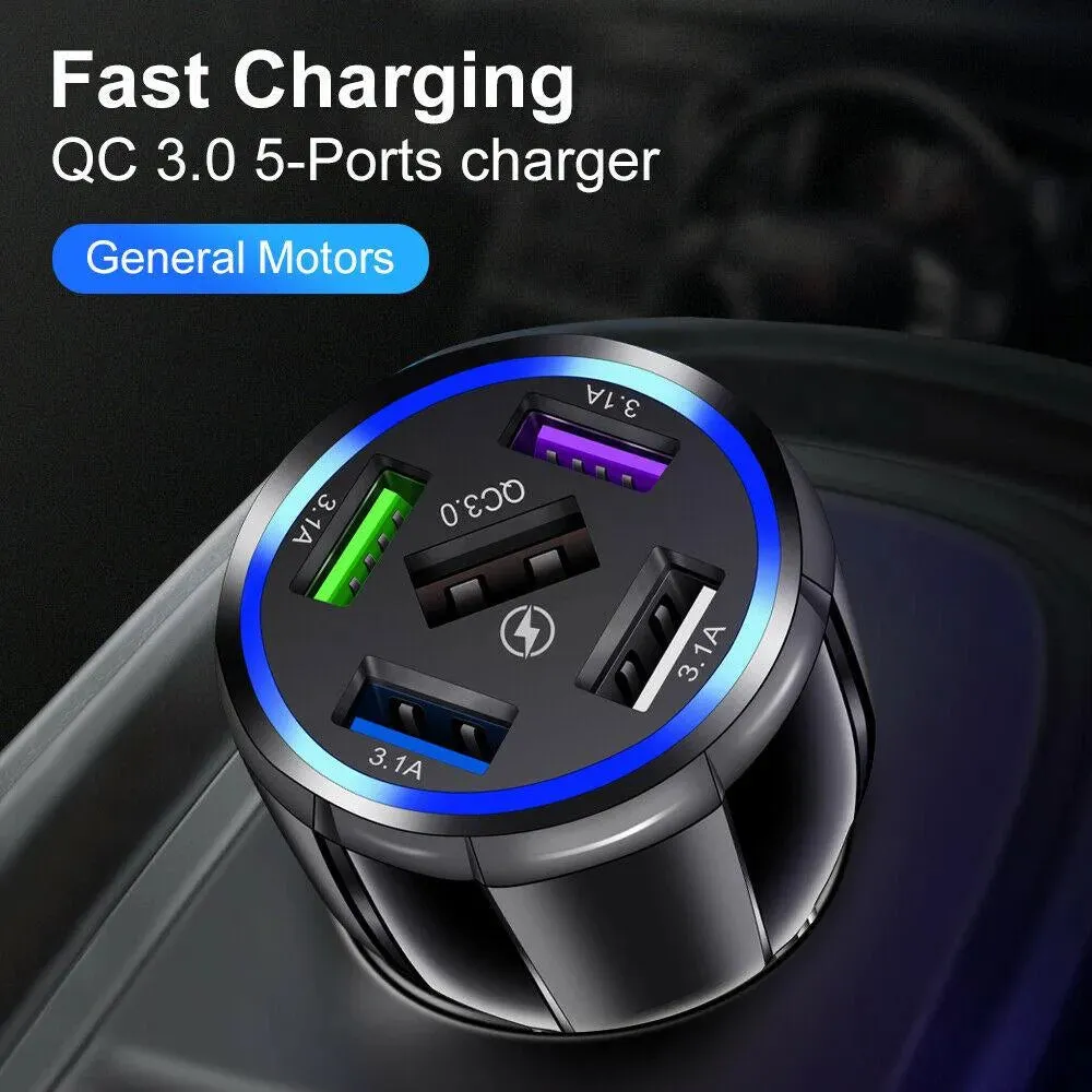 PBG 5 Port USB Fast Car Charger with LED Display Charge 5 Devices at once