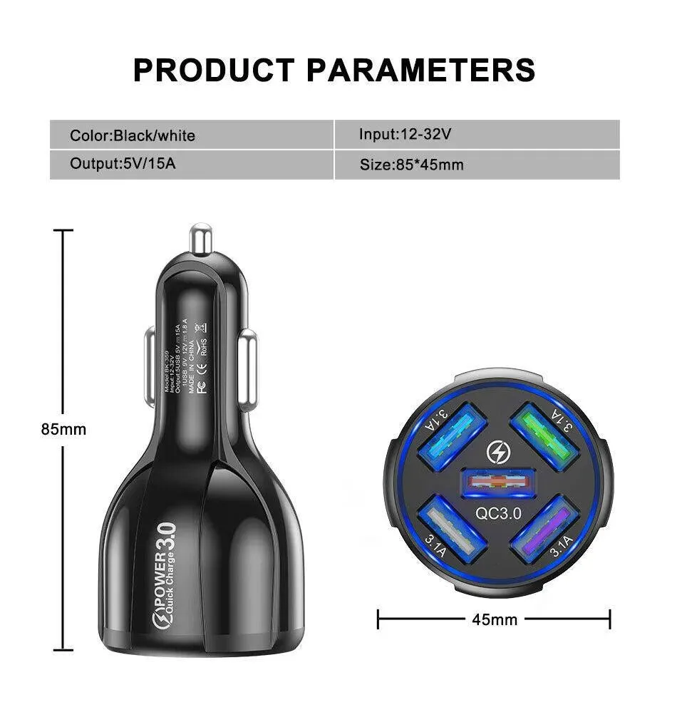 PBG 5 Port USB Fast Car Charger with LED Display Charge 5 Devices at once