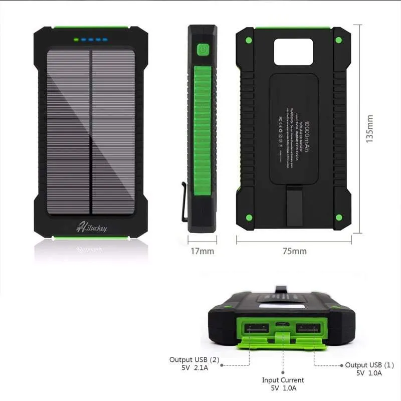 Portable 10,000mAH Waterproof / Shockproof Solar Dual-USB Charger and LED Light