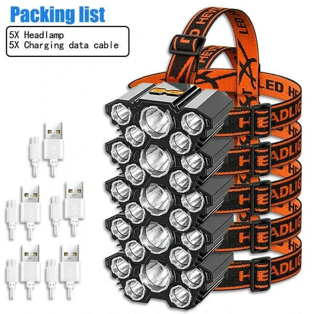 Portable 5 LED Strong Light Headlight Built in 18650 Battery USB Rechargeable Head Flashlight Outdoor Camping Fishing Headlamp