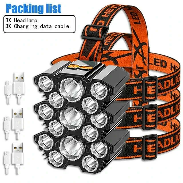 Portable 5 LED Strong Light Headlight Built in 18650 Battery USB Rechargeable Head Flashlight Outdoor Camping Fishing Headlamp