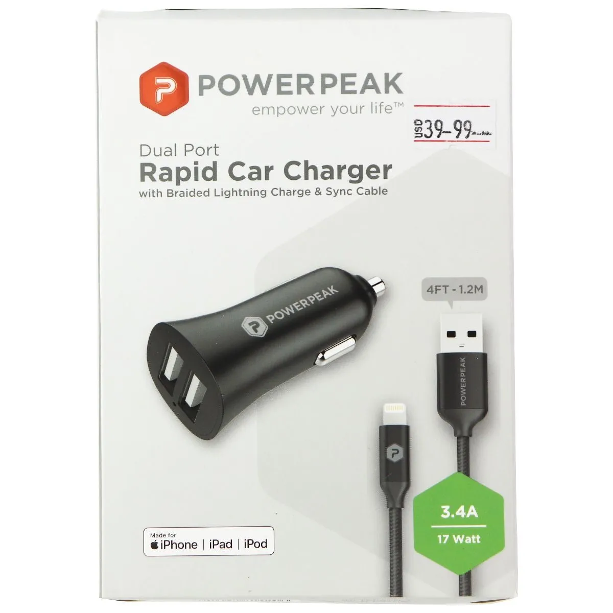 PowerPeak (3.4A) Dual USB Car Charger with 4-Ft MFi Cable for iPhone - Black