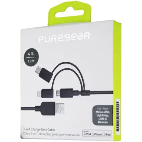 PureGear 4ft Charge-Sync Cable with USB-C, Micro USB, & Apple Adapter - Black