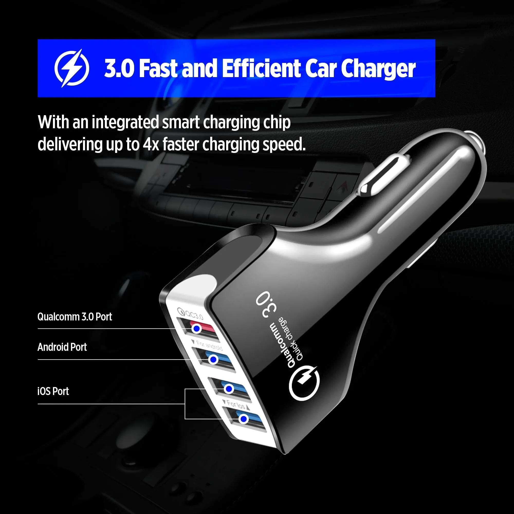 Qualcomm™ 4 Port USB Car Charger 7A QC 3.0-12-32V | 35W - Smart Chip with Over-Voltage Protection