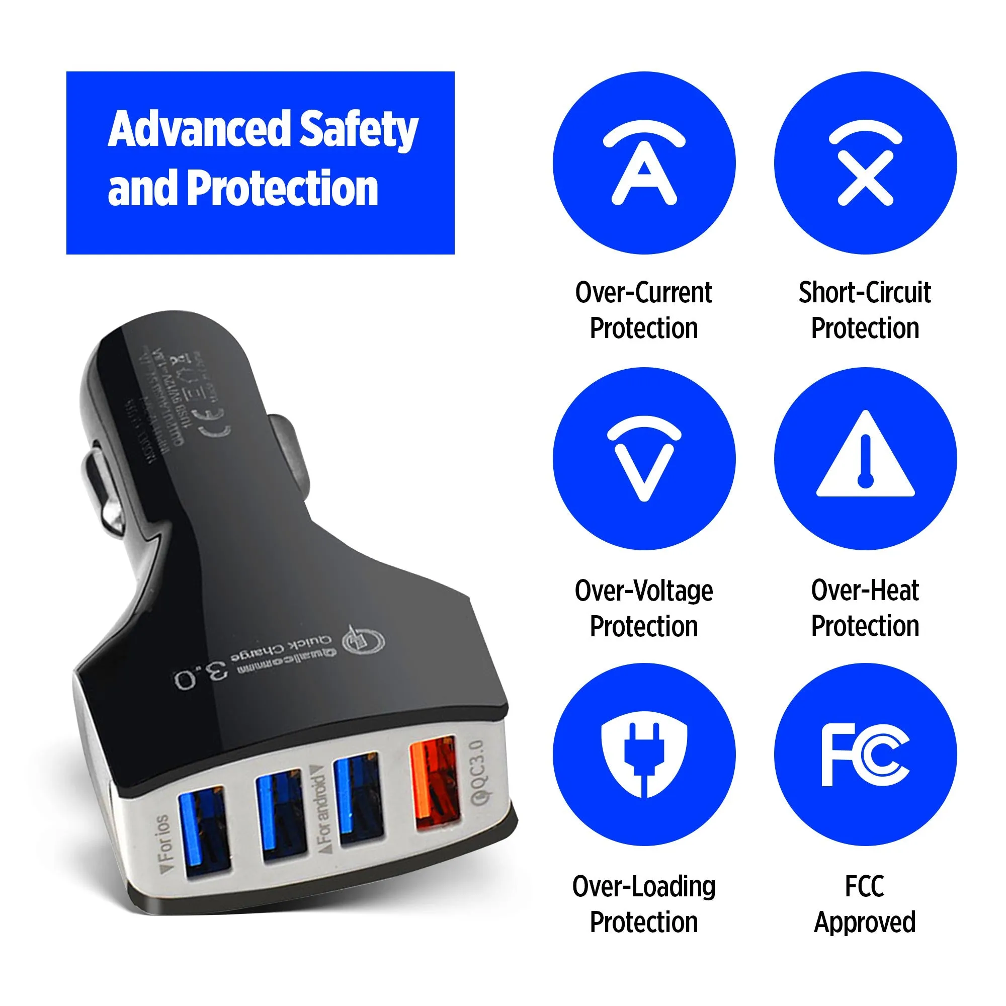 Qualcomm™ 4 Port USB Car Charger 7A QC 3.0-12-32V | 35W - Smart Chip with Over-Voltage Protection