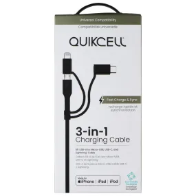 Quikcell 6FT USB-A to Micro USB, USB-C & Lightning 8-Pin Charging Cable - Black