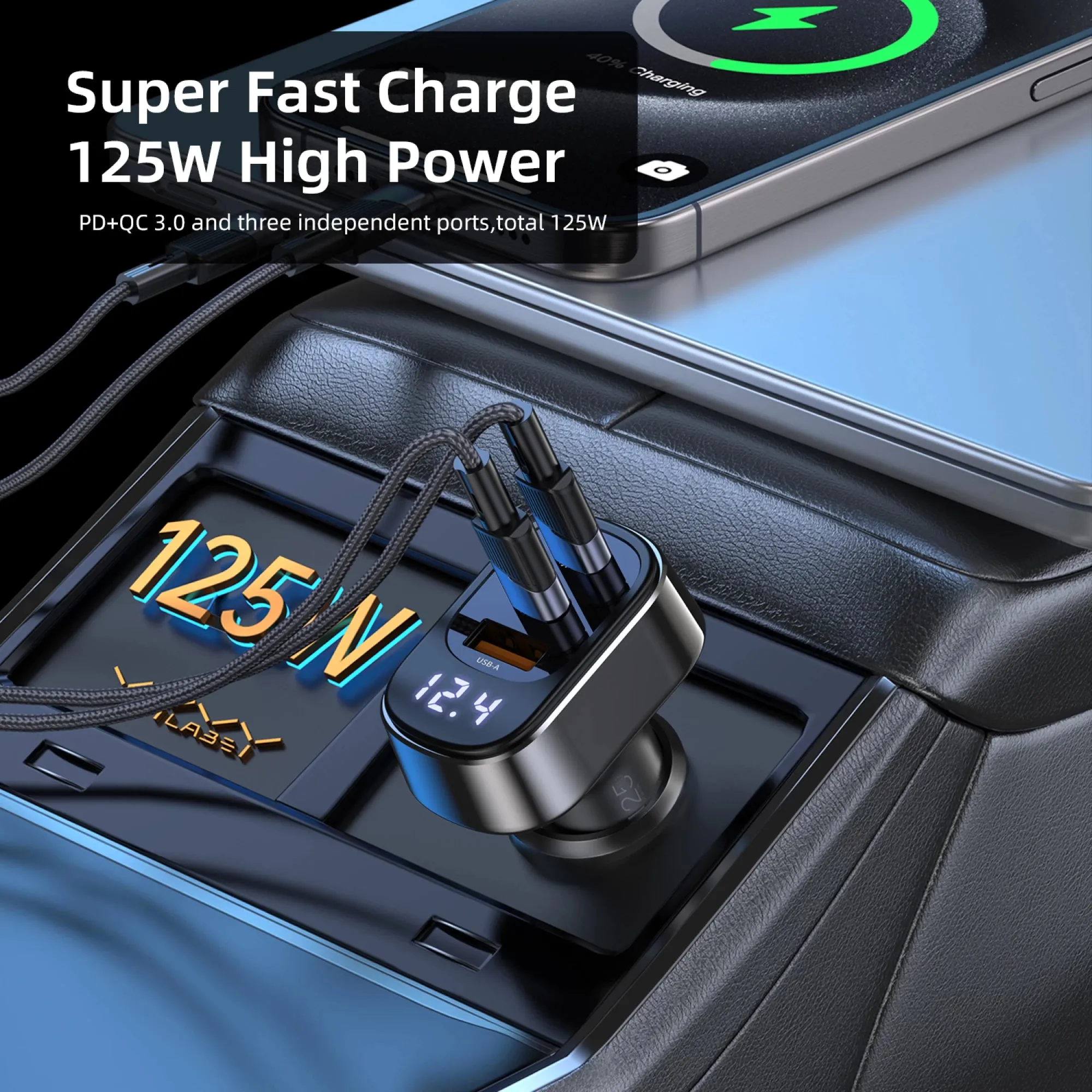 Rapid Energy Display Car Charger 125W A 2C 3-Port Fast Car Charger