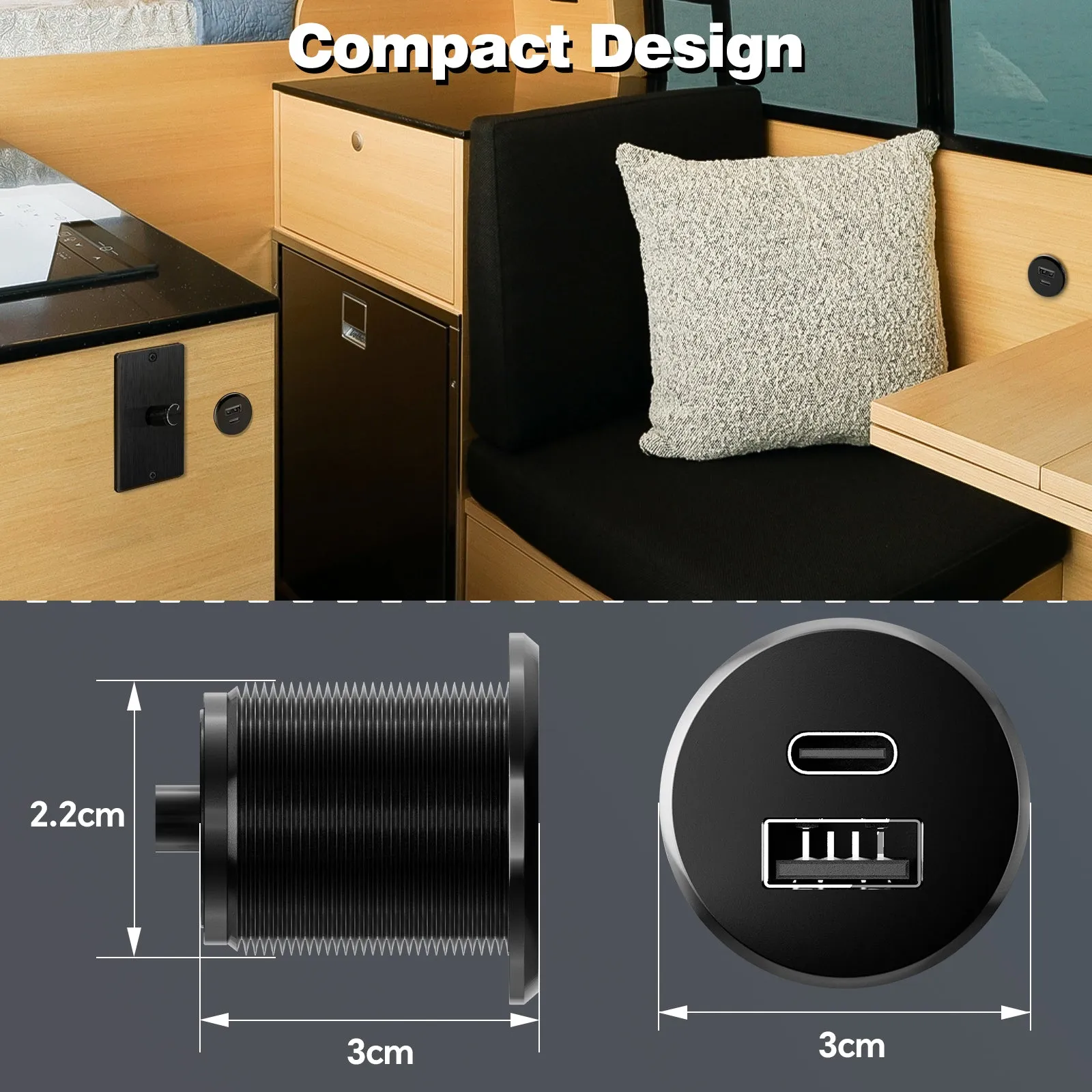 RV 12V USB Outlet USB Charger All-Aluminum, Type A   Type C Ports with Max 24W Output, PD3.0&QC3.0 Fast Charging for Boat Bus Truck