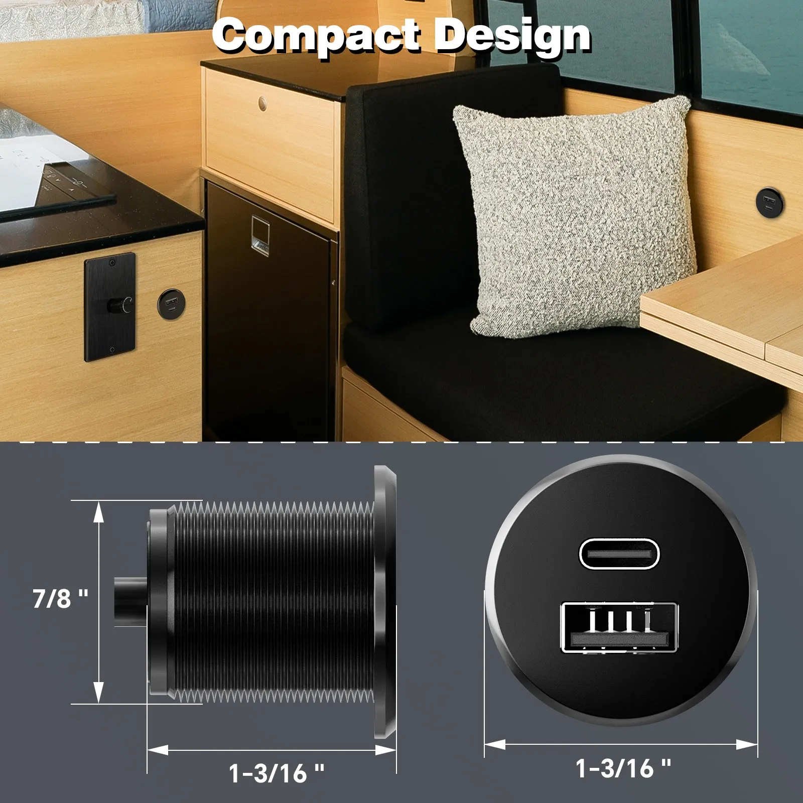 RV 12V USB Outlet USB Charger All-Aluminum, Type A   Type C Ports with Max 24W Output, PD3.0&QC3.0 Fast Charging for Boat Bus Truck