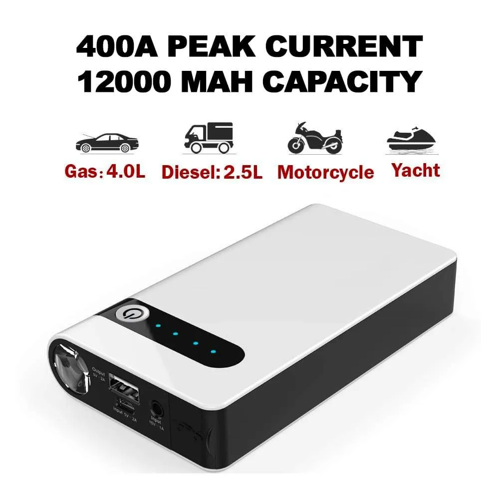 SA-CPB400 Portable Car Battery Jump Starter (12V 12000mah 400A) and USB Power Bank w/ LED Flashlight