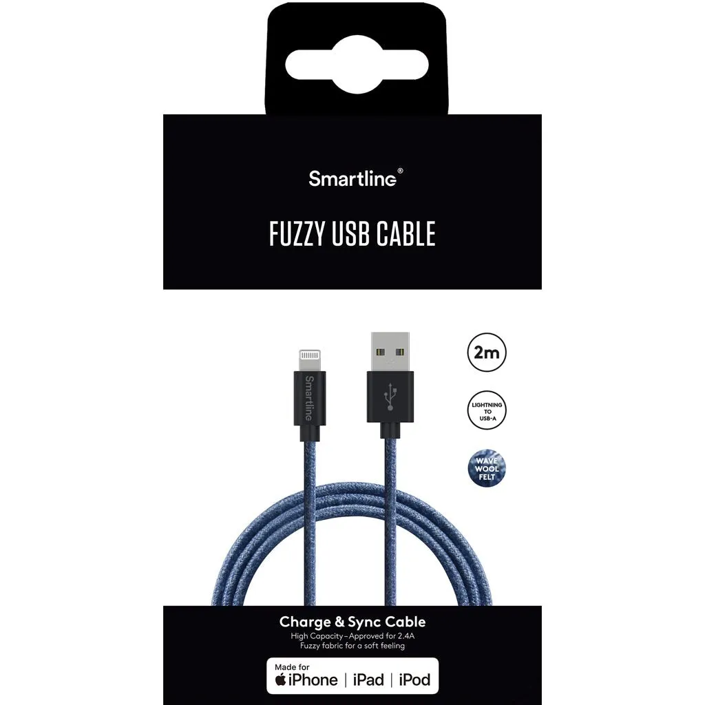 Smartline Fuzzy USB-A til Lightning Kabel 2 m. - Blå