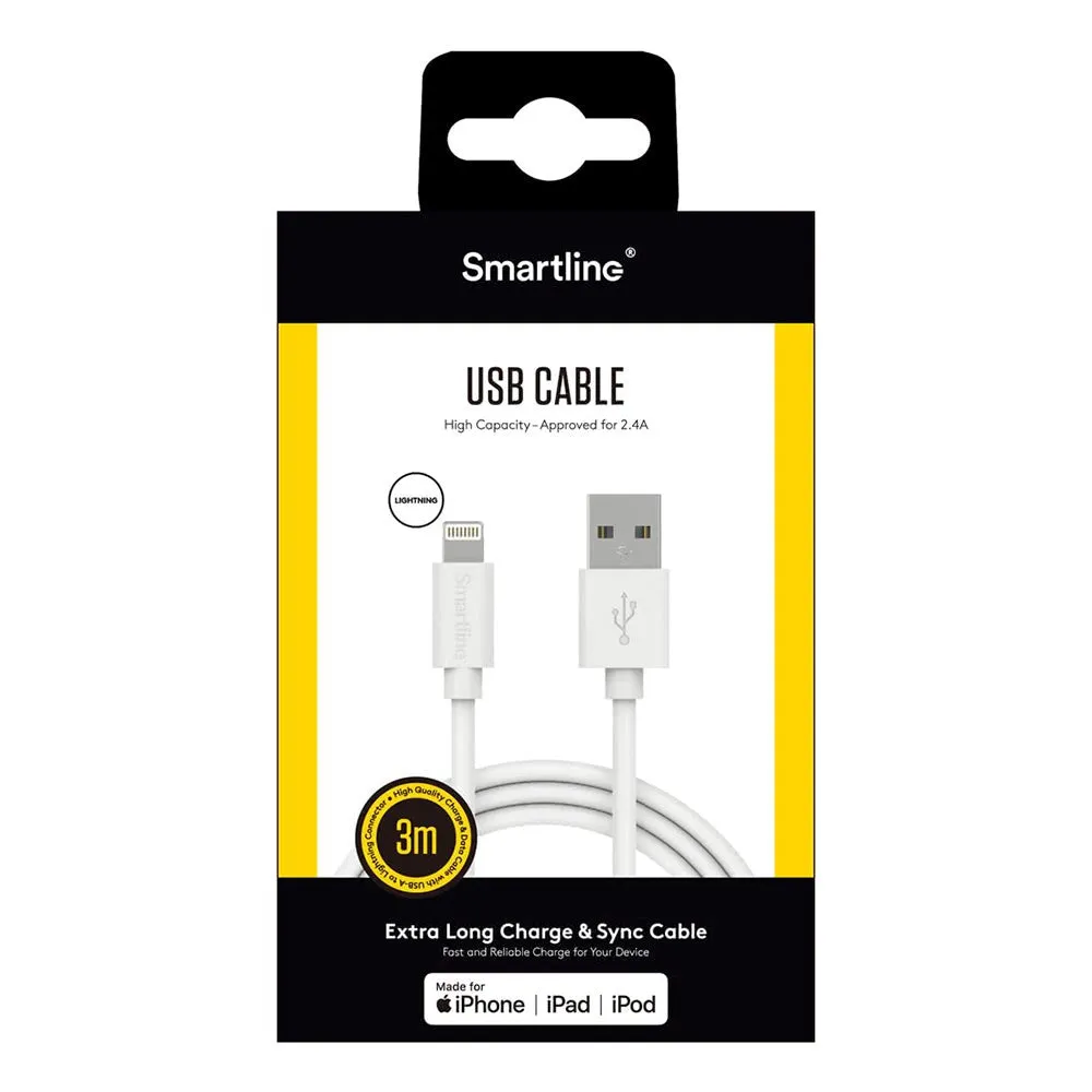 Smartline USB-A til Lightning Kabel 3 m. - Hvid