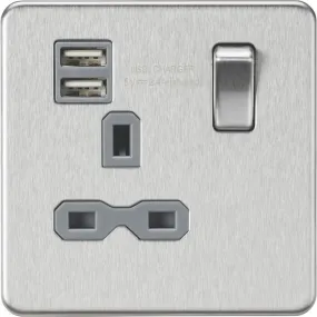 Switched Socket 13A 1 Gang 2 Outlet Type A USB Charger 2.4A 12W Brushed Chrome