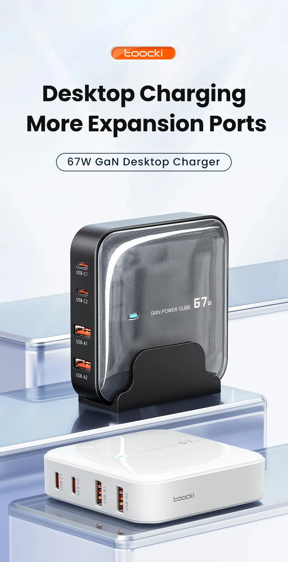 Toocki Charger Charging Station Multi Port 67W GaN USB Charger Desktop Type C PD QC Quick Charge For iPhone MacBook Pro Xiaomi