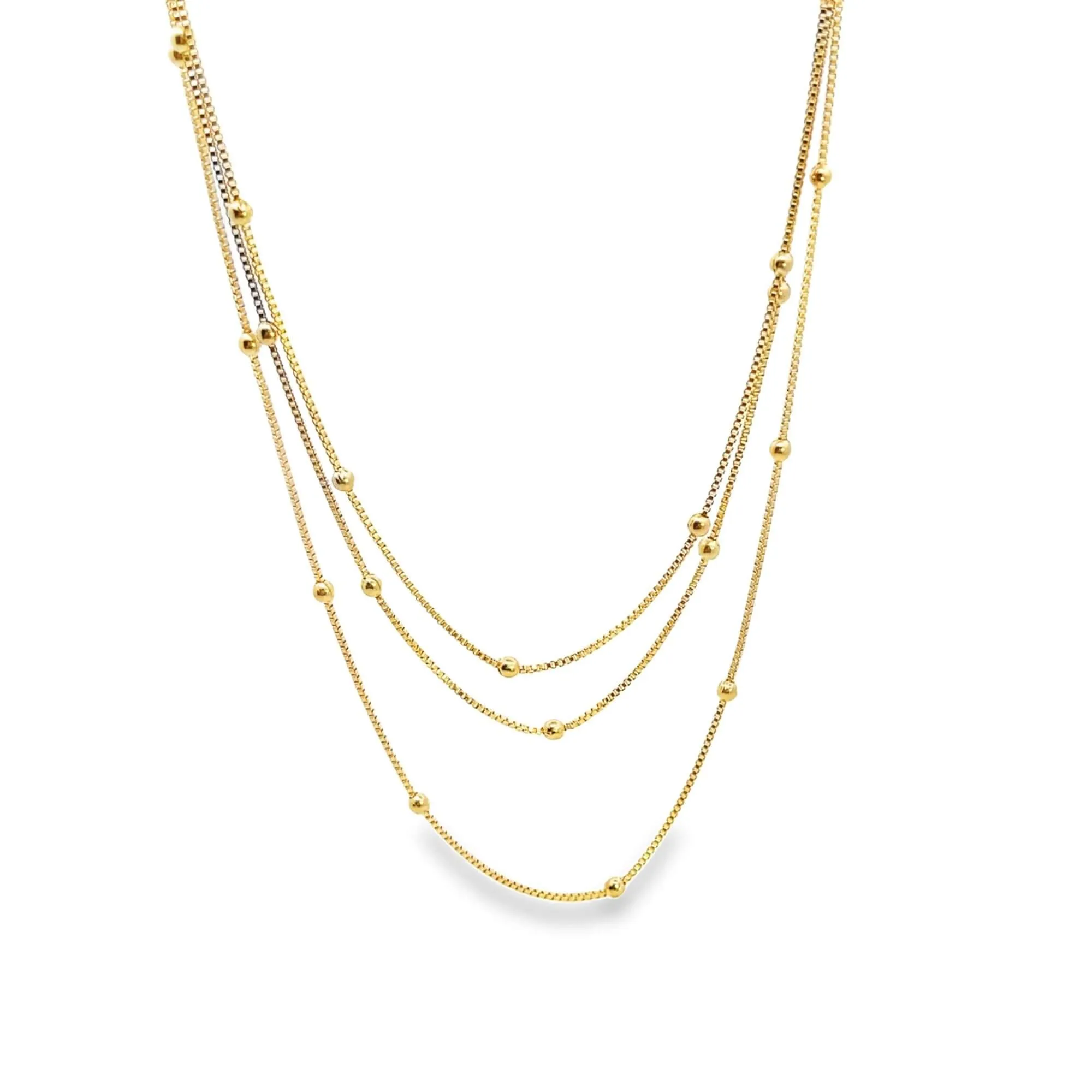 Triple Layered 1mm Box Chain Necklace With Beads