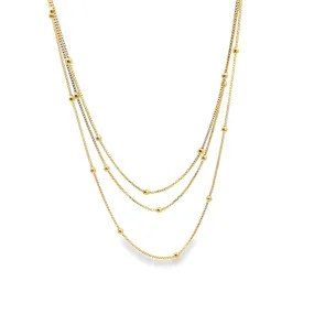 Triple Layered 1mm Box Chain Necklace With Beads