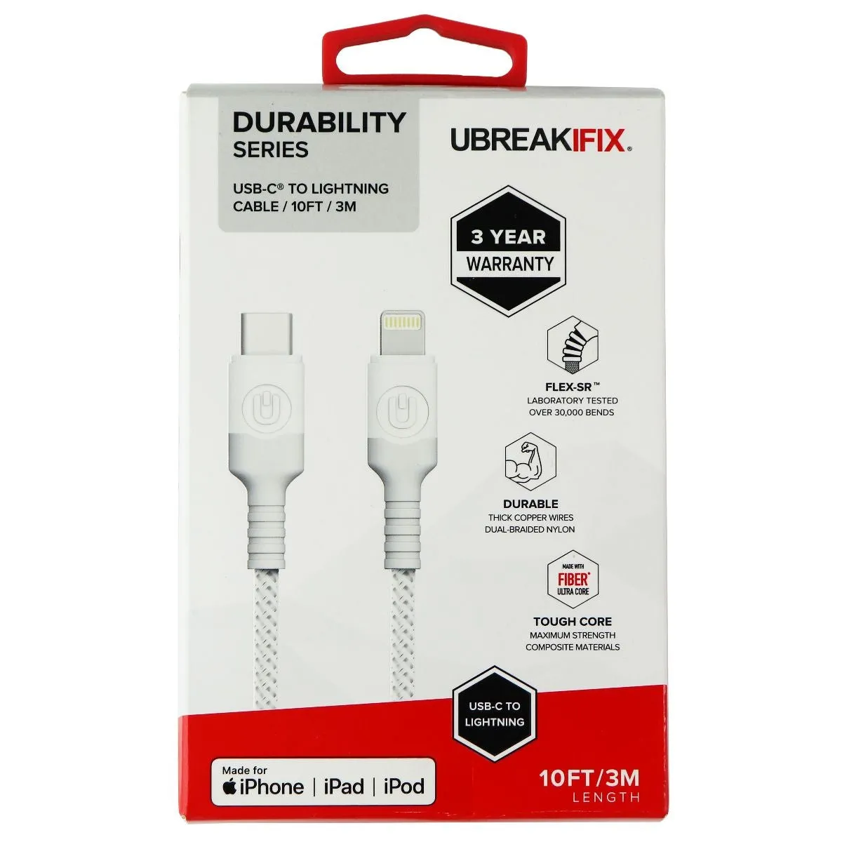 UBREAKIFIX (10-Ft) Durability Series USB-C to 8-Pin Cable for Apple - White