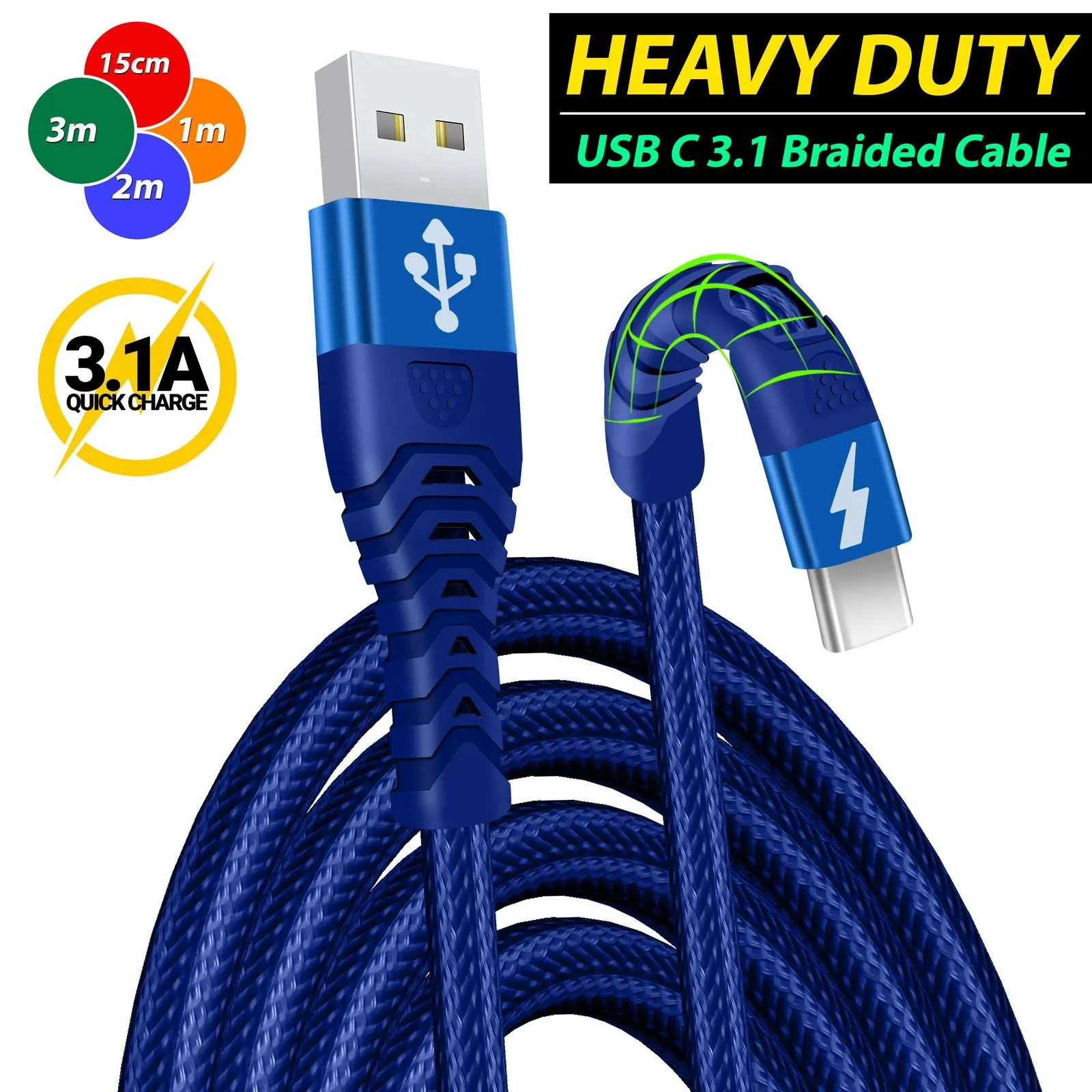 USB C Charger Cable Braided Fast Phone Charger Heavy-Duty Type C Charger Cable Long Lead 2m 3m