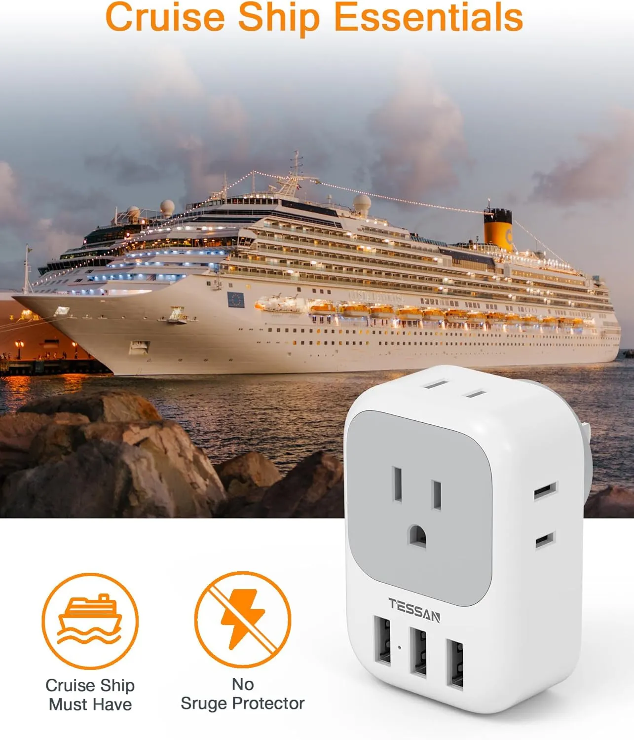 USB Charger Block,  USB Plug Adapter with Electrical 4 Box Splitter 3 USB Wall Charger Ports,