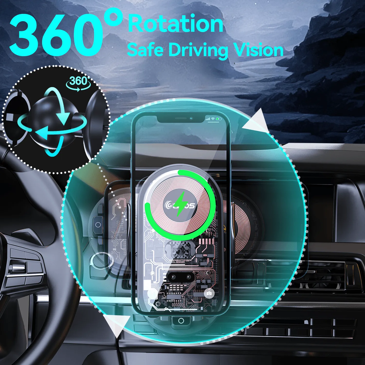 @UTOS Cyberpunk Wireless Car Charger Phone Mount, 15W Fast Charging Air Vent Phone Holder for Car