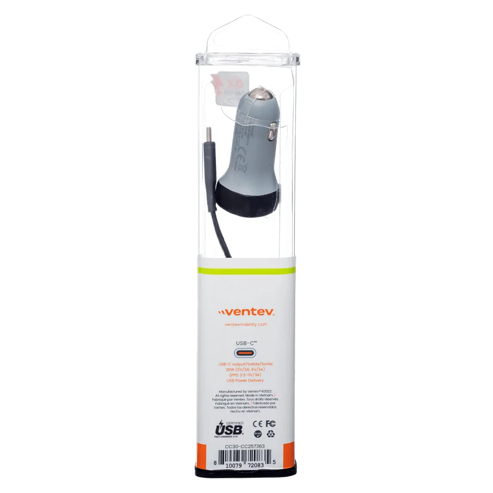 Ventev 30W USB C PPS Car Charger and USB C to USB C Cable Gray by Ventev