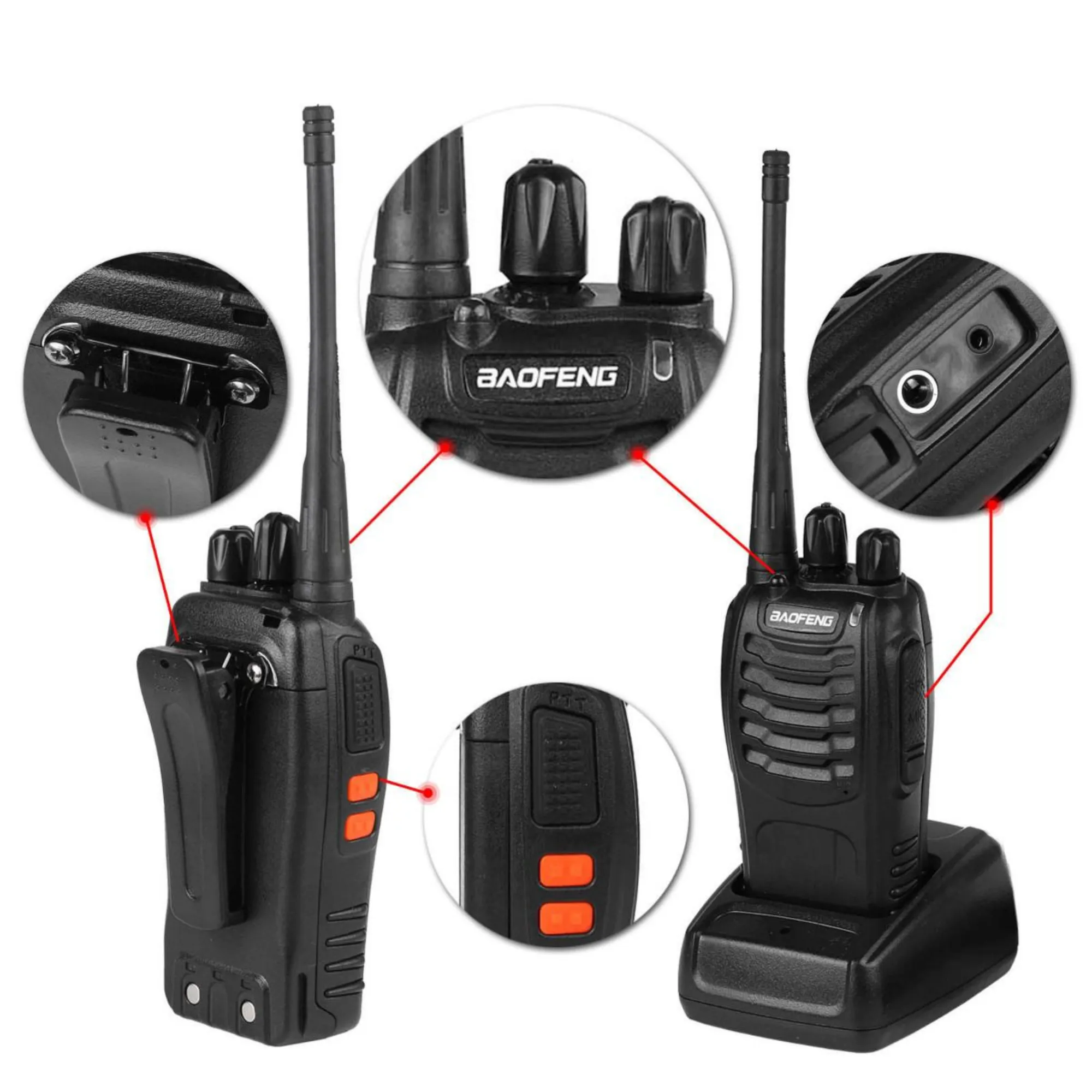 Walkie Talkie UHF Emergency Alarm, Flash Light, Long Range Communication (Black)