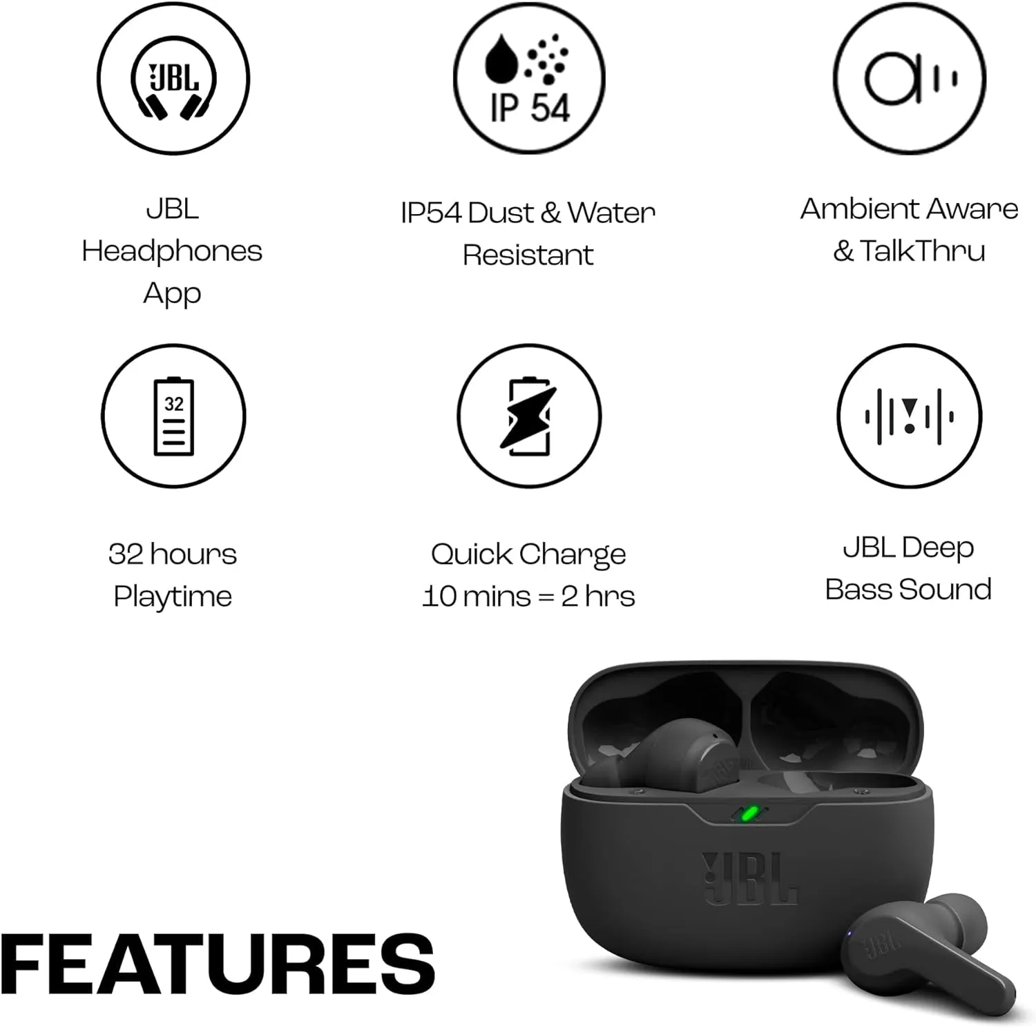 Wave Beam, In-Ear Wireless Earbuds with IP54 and IPX2 Waterproofing, Hands-Free Calling and 32 Hours Battery Life, in Black