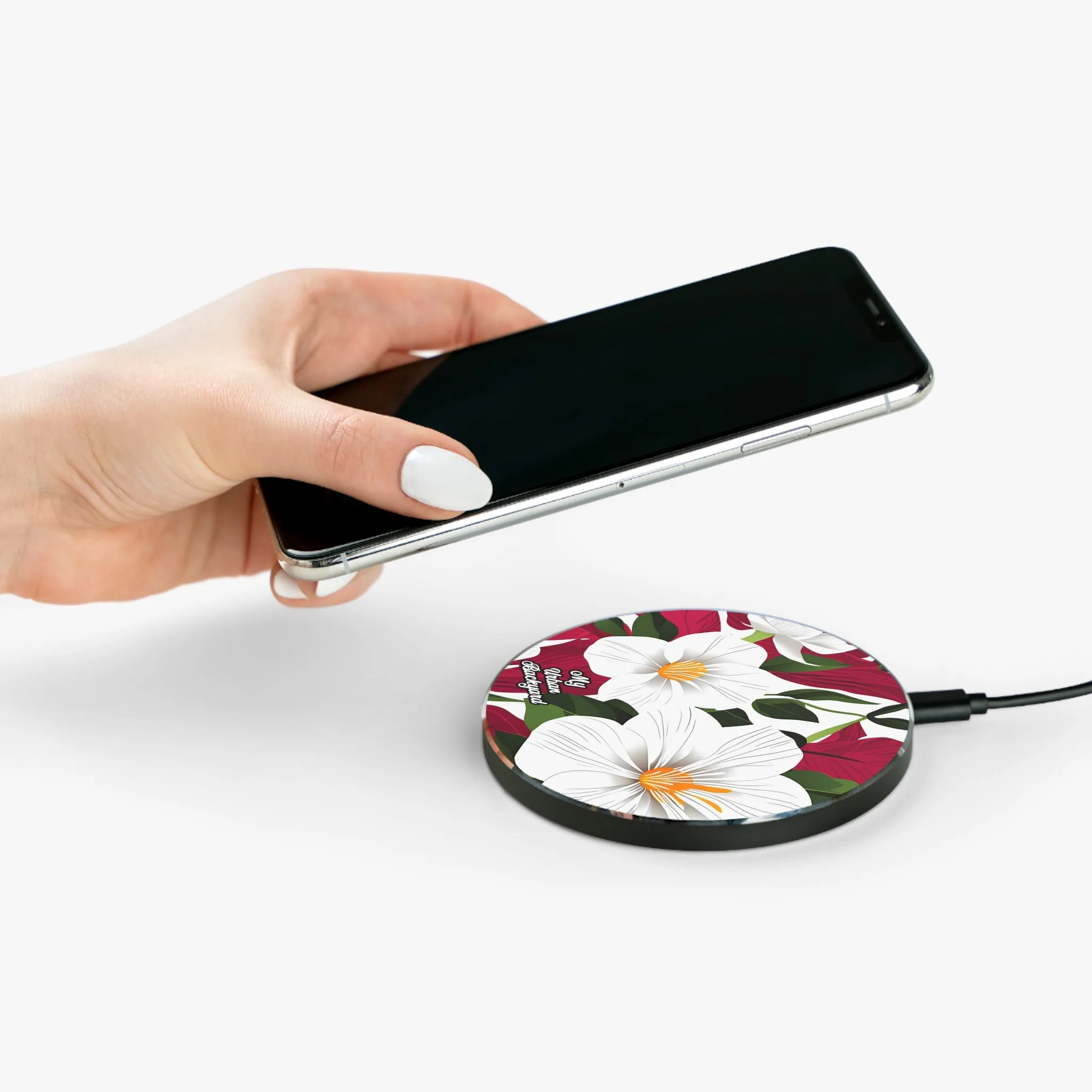 Wireless Cell Phone Charger for iPhone or Android - White Flowers on Red