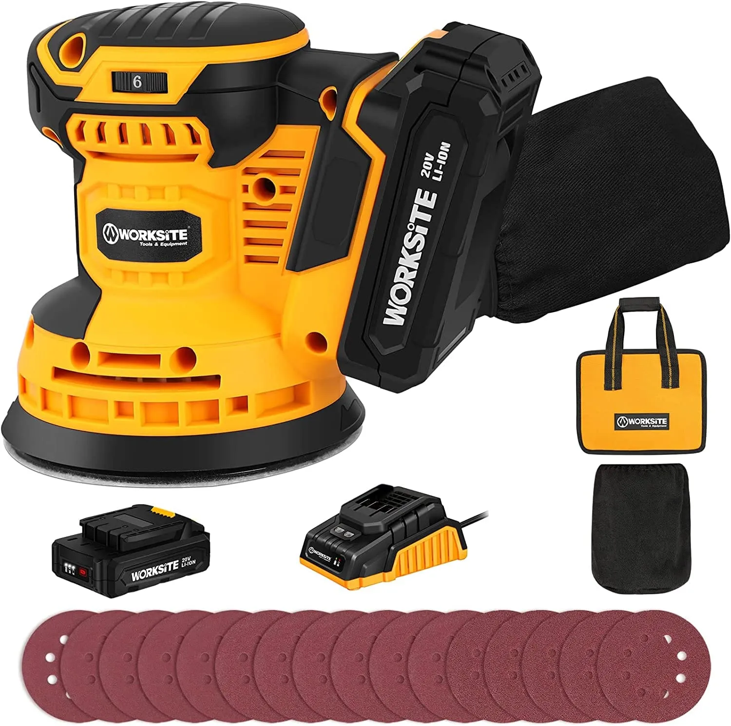 Worksite 20V MAX Cordless Random Orbital Sander, 5-Inch Variable Speed Orbital Sander w/2.0A Battery, Fast Charger -COS326