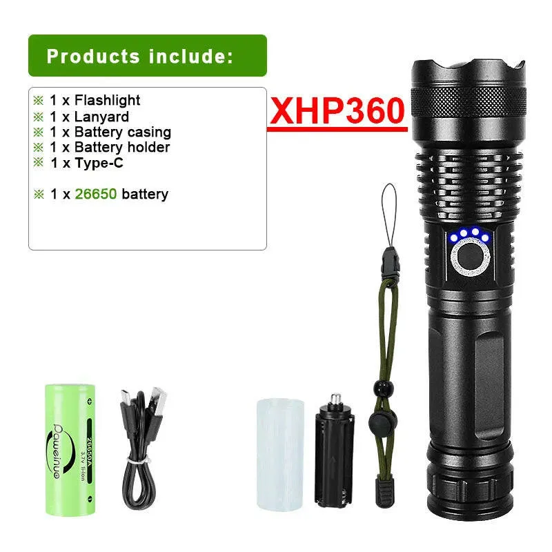 XHP360 Long Shot Ultra Powerful Led Rechargeable Flashlight Powerful USB Type-c Recharging Lantern Hadn Torch For Camping 18650