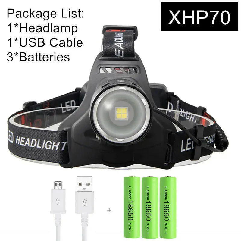 XHP70.2 XHP70 USB Headlight 90000LM Led Headlamp LED Rechargeable Head Torch Flashlight Lantern 3*18650 battery Powerbank