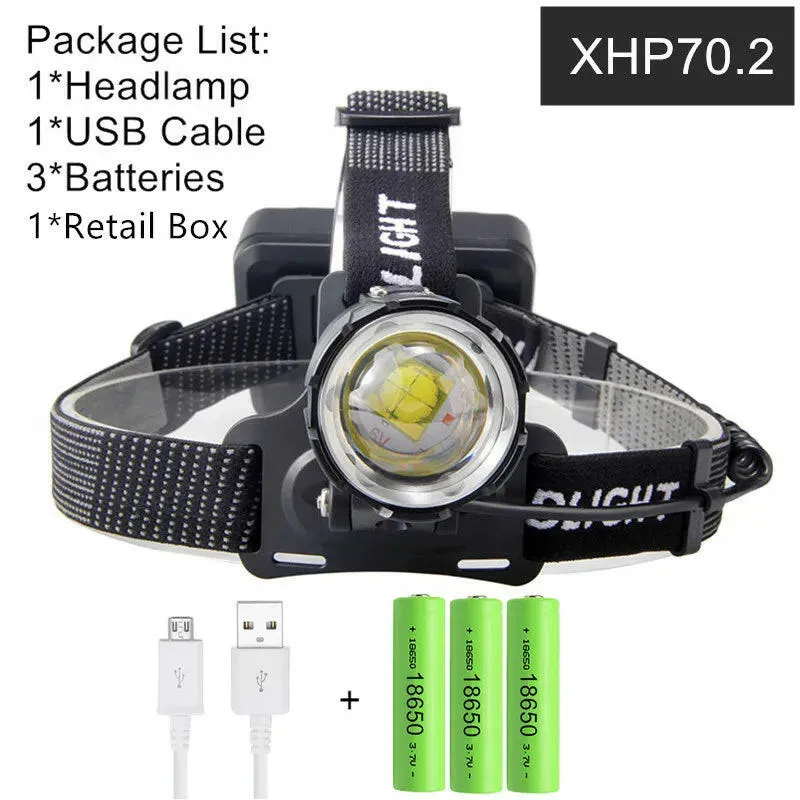 XHP70.2 XHP70 USB Headlight 90000LM Led Headlamp LED Rechargeable Head Torch Flashlight Lantern 3*18650 battery Powerbank