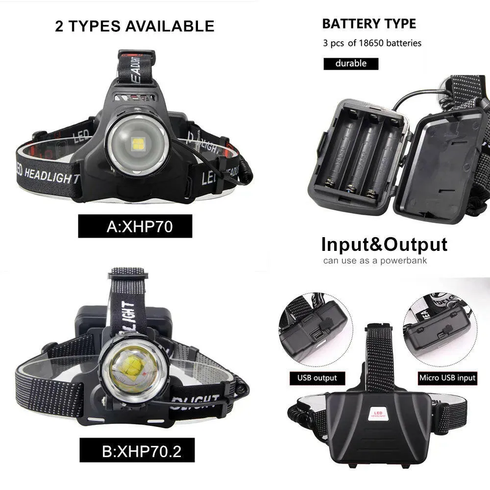 XHP70.2 XHP70 USB Headlight 90000LM Led Headlamp LED Rechargeable Head Torch Flashlight Lantern 3*18650 battery Powerbank